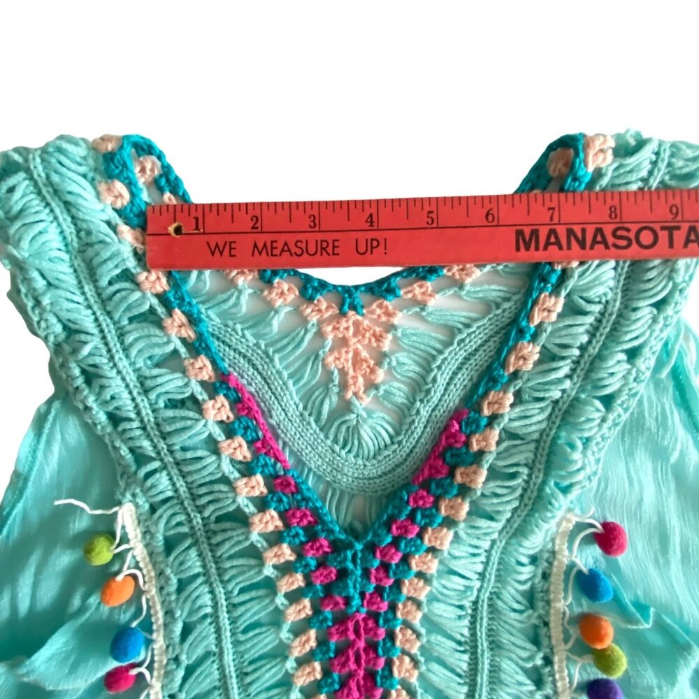 Ucho Bali Sarongs Turquoise Crochet Beach Cover Up With Multi Color Pop Poms - Picture 8 of 10